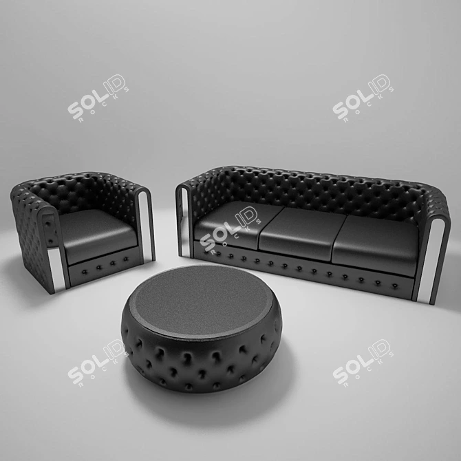 Black Leather Sofa Set 3D model image 2