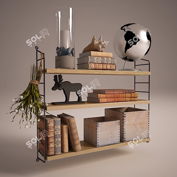 Vintage String Shelf with Decor 3D model image 1