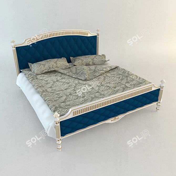 Oak Carved Bed with Upholstered Headboard 3D model image 2