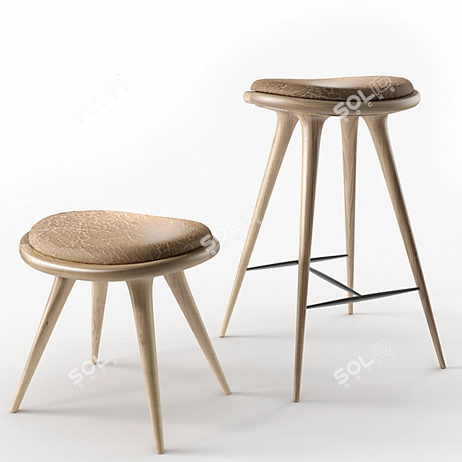 Oak Stool with Leather Seat 3D model image 1