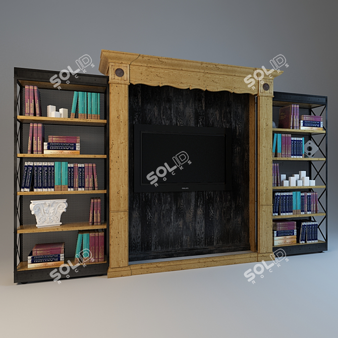 BAMAX Antique Effect Bookcase & TV Niche 3D model image 2