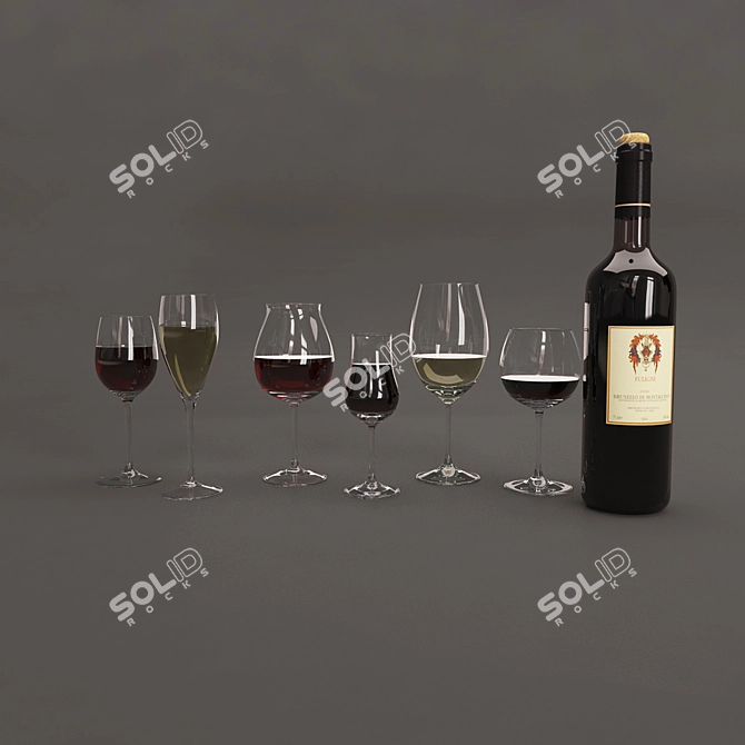 Wine Set: Bottle & Glasses 3D model image 1