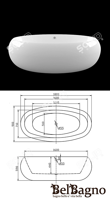 Belbagno BB18 Acrylic Oval Bathtub 3D model image 2