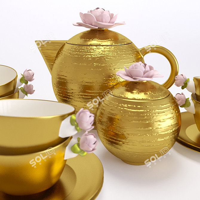 Elegant Gold-Plated Tea Set 3D model image 3