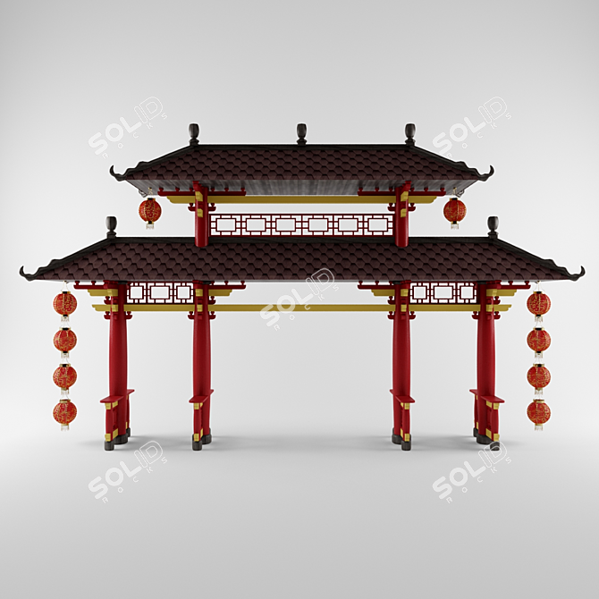 Elegant Chinese Style Gate (6400x10710x2000mm) 3D model image 2