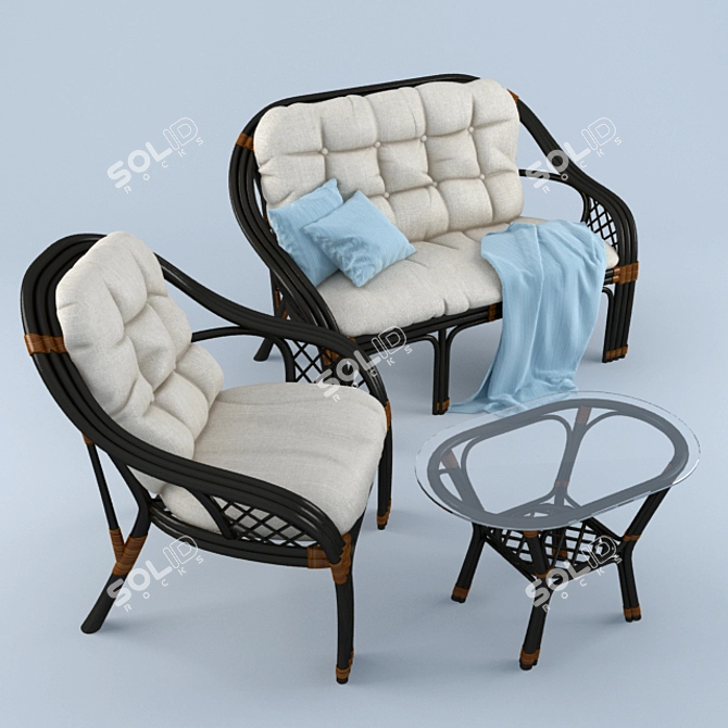 "Rattan Oasis Set: Sofa, Chair & Table 3D model image 3