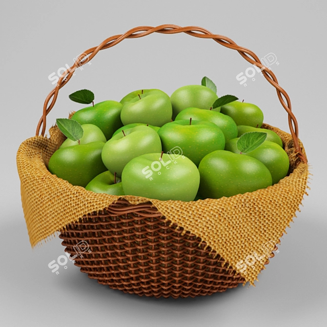 Fresh Green Apples in Woven Basket 3D model image 1