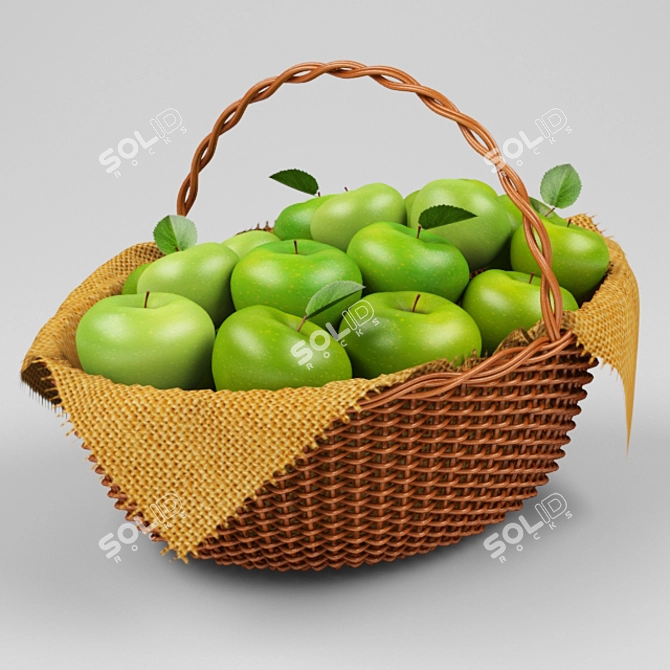 Fresh Green Apples in Woven Basket 3D model image 2