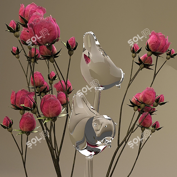 Elegant Rose & Bird Vase 3D model image 2