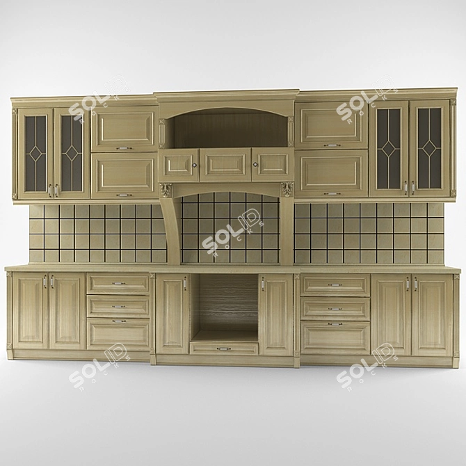 Classic Wood Straight Kitchen 3D model image 1