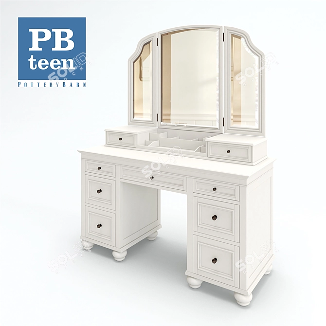 White Vanity Table with Mirror & Drawers 3D model image 1