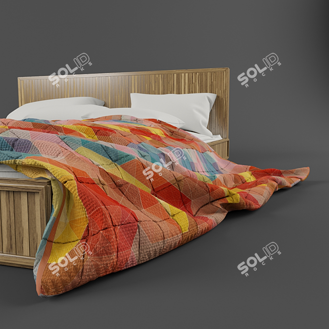 Modern Wooden Bed with Bedding 3D model image 2