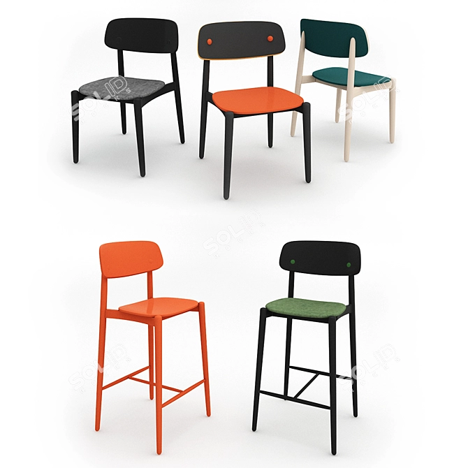 Versatile Seating Set: 3 Standard Chairs & 2 Bar Stools 3D model image 1
