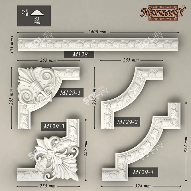 Molding ornamental corner pieces &quot;Harmony&quot; (M128) 3D model image 1