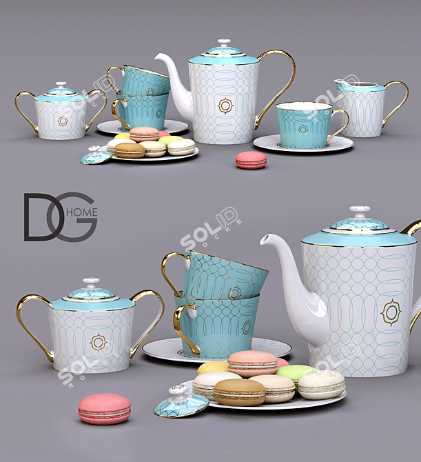 DG Home Turquoise Veil Tea Set + Colorful Macarons 3D model image 1