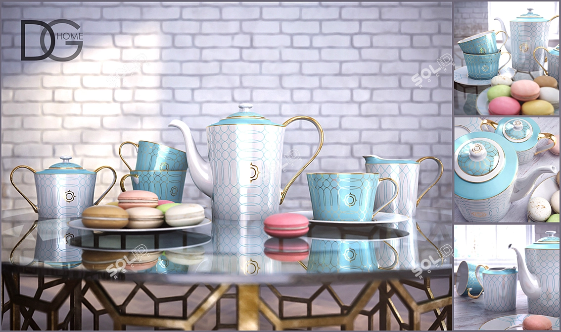 DG Home Turquoise Veil Tea Set + Colorful Macarons 3D model image 2