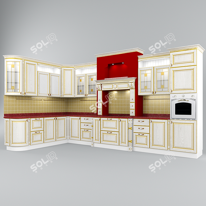 Classic Ash Wood Kitchen Set - Sonata Gold 3D model image 1