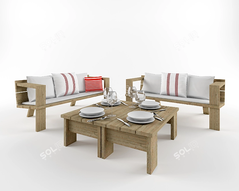 Outdoor Bench & Table Set 3D model image 1