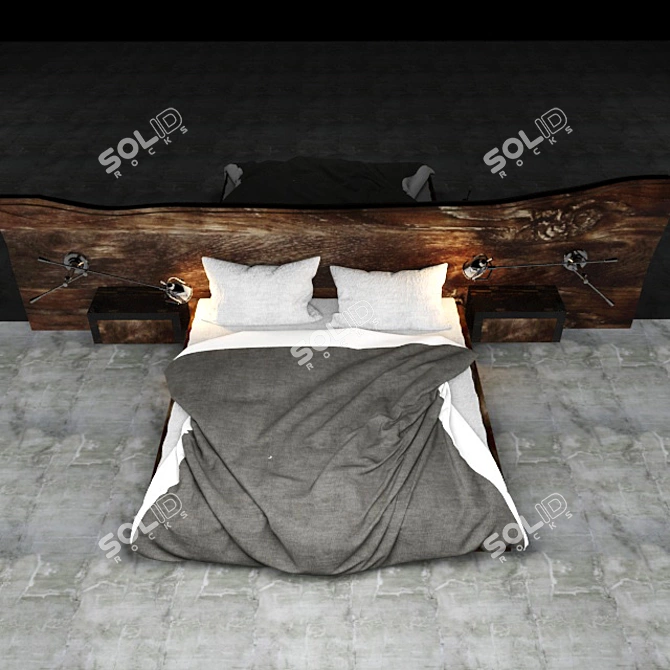 Stylish Wooden Headboard Bed 3D model image 1