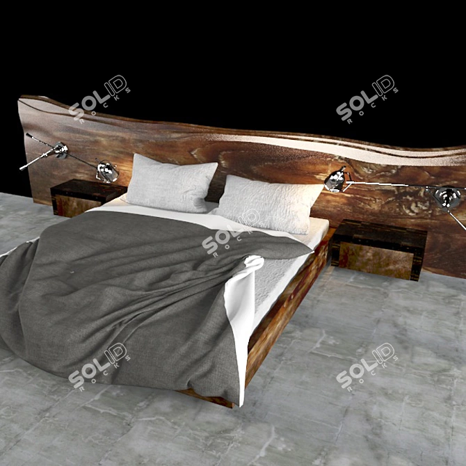 Stylish Wooden Headboard Bed 3D model image 2