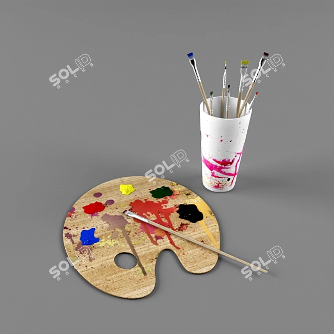 Artistic Brush & Palette Set 3D model image 1
