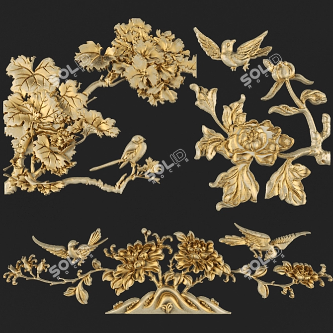 Golden Bird Branches Relief 3D model image 1