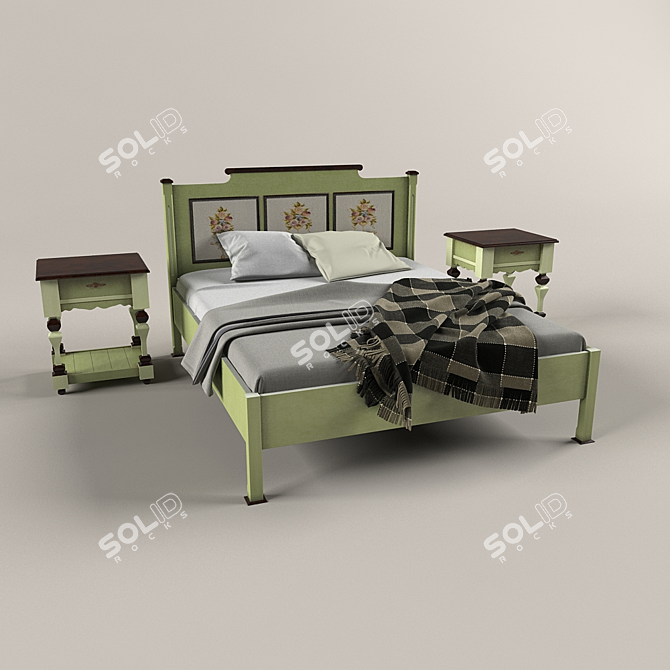 Title: Rustic Pine Double Bed 3D model image 1