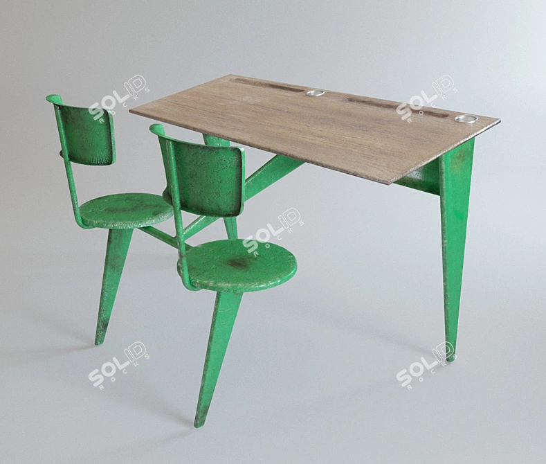 Vintage Prouvé School Desk 3D model image 1