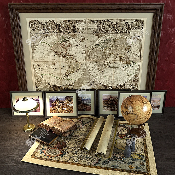 Globetrotter's Decorative Set: Books, Maps, and More! 3D model image 1