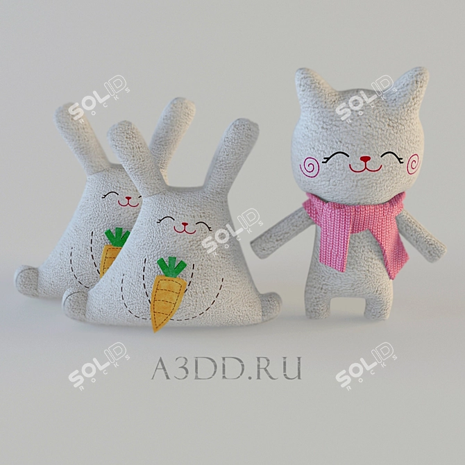 Cuddly Companions for Kids: Cat and Bunnies 3D model image 1