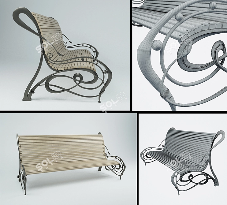 Elegant Wrought Iron Bench 3D model image 2