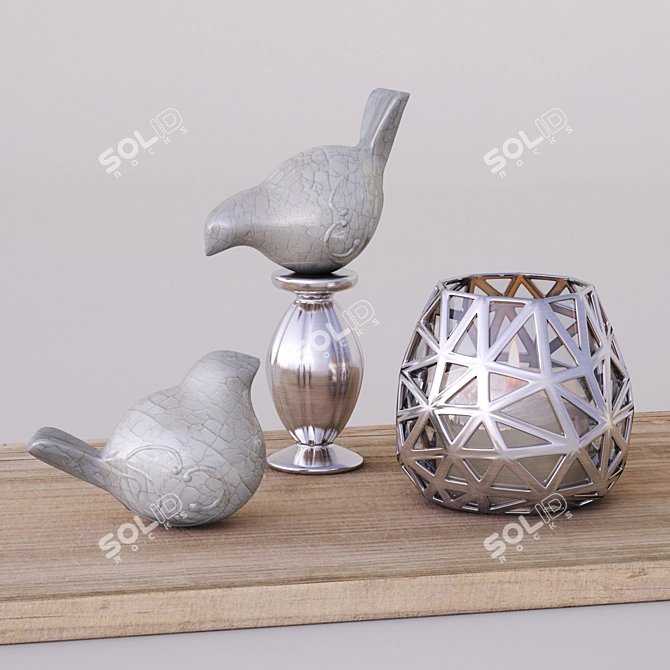 Glass Candleholder with Metal Bird Sculptures 3D model image 1