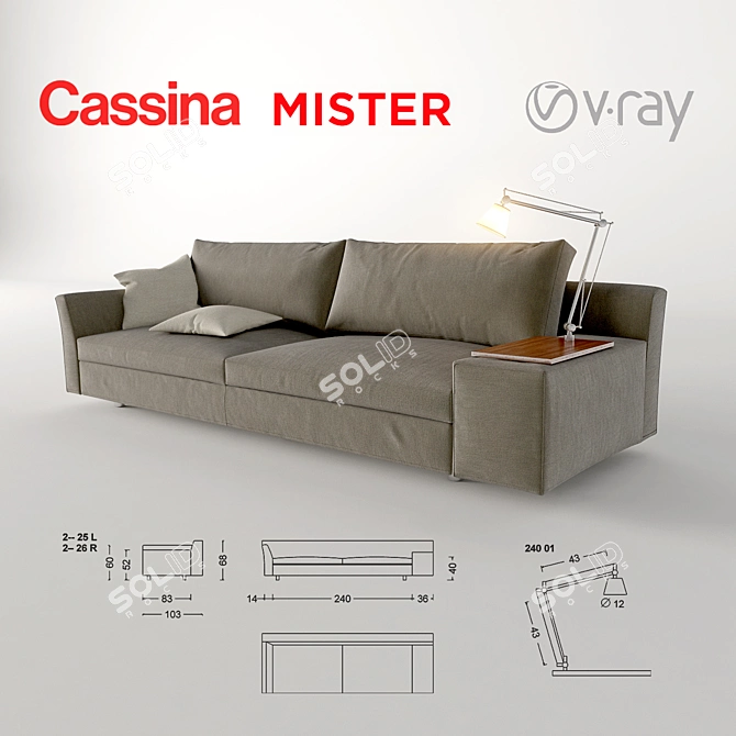 Minimalist Low-Back Sofa with Table Lamp 3D model image 1