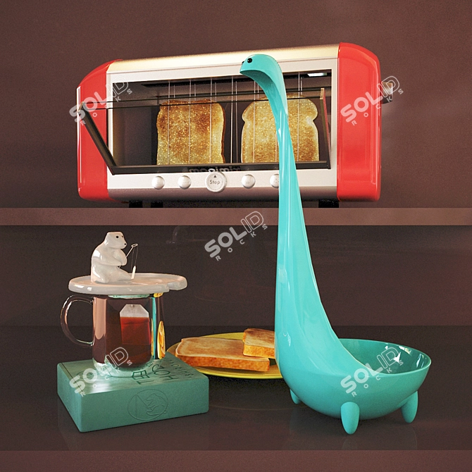 Unique Kitchen Decor Set: Nessie Ladle, Bear Tea Bag Holder, Red Transparent Toaster 3D model image 1