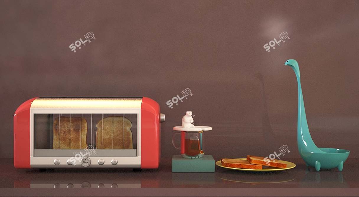 Unique Kitchen Decor Set: Nessie Ladle, Bear Tea Bag Holder, Red Transparent Toaster 3D model image 2