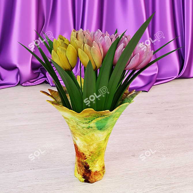 Pink & Yellow Tulips in Two-Tone Vases 3D model image 1