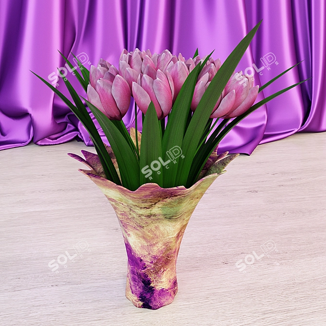 Pink & Yellow Tulips in Two-Tone Vases 3D model image 2