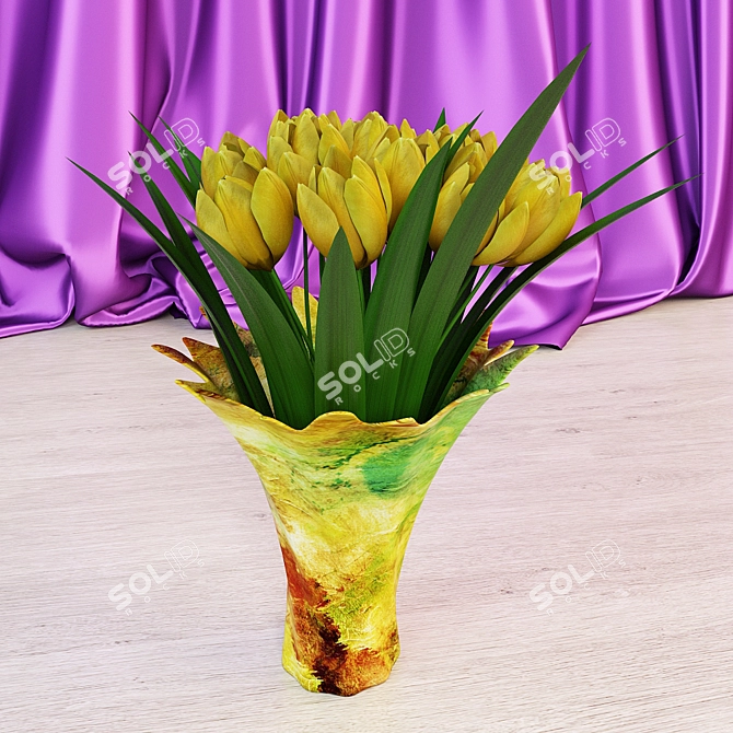 Pink & Yellow Tulips in Two-Tone Vases 3D model image 3