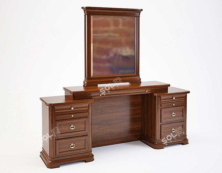 Natural Wood Vanity Table with Drawers and Mirror 3D model image 1