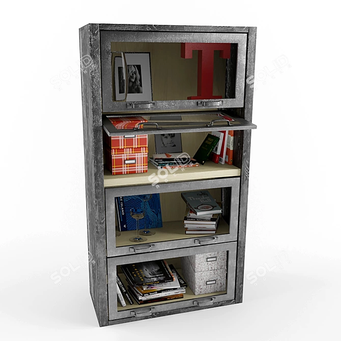 Industrial Loft Style Bookcase with Storage Boxes and Decorative Elements 3D model image 1