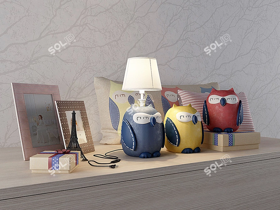 Whimsical Owl-themed Decor Set 3D model image 2