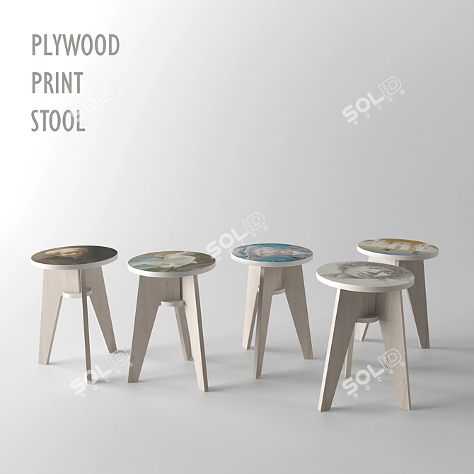 Minimalist Plywood Print Stool 3D model image 2