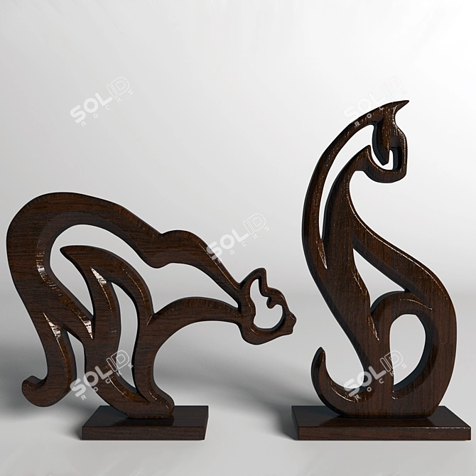 Elegant Wooden Cat Figurines 3D model image 1