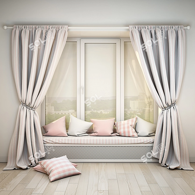 Cozy Windowsill Set: Soft Cushions & Curtains 3D model image 1