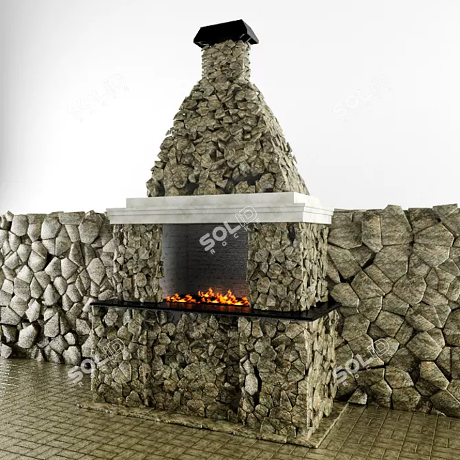 Stone BBQ Grill & Fence 3D model image 1