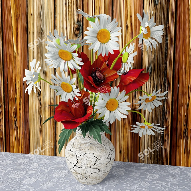 Romance in Bloom: Daisy and Red Poppy Bouquet 3D model image 1