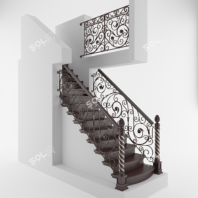 Classic Oak-Clad Basement Staircase 3D model image 1