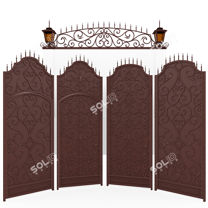 Elegant Wrought Iron Gate with Ornate Top and Lantern 3D model image 1