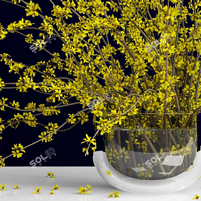  Vibrant Forsythia Bouquet in Glass Vase 3D model image 2