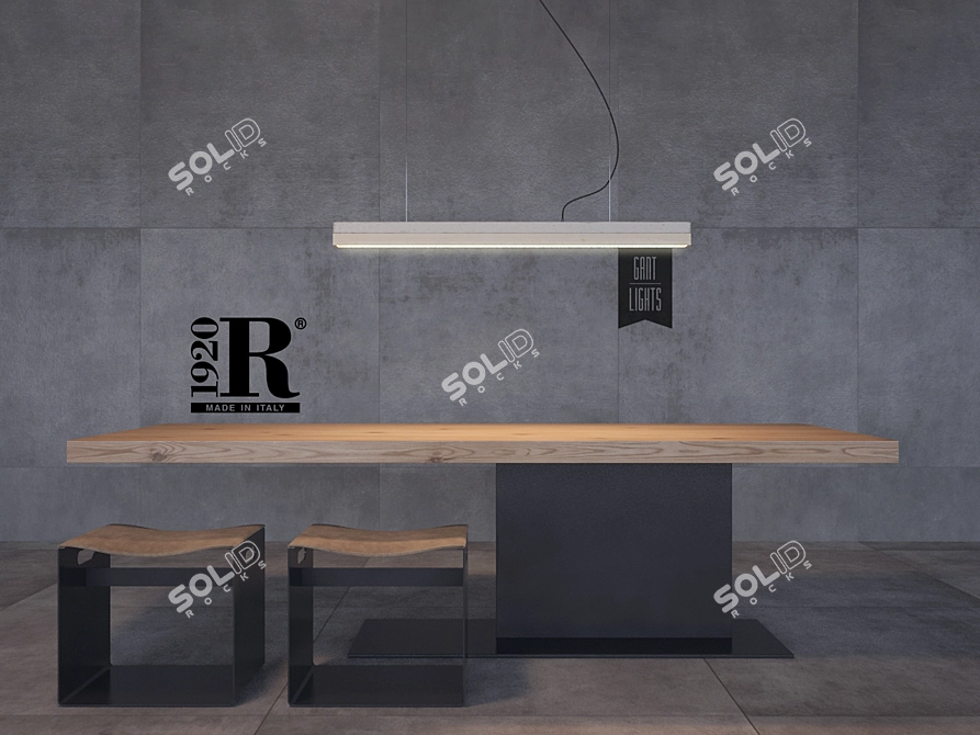 Rustic Table Set with Industrial Stools & Pendant Light 3D model image 1